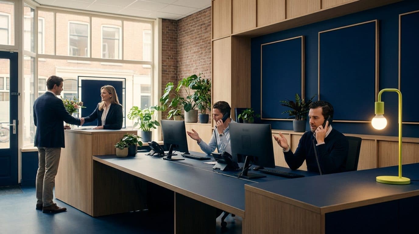 Frontoffice van een makelaarskantoor waar medewerkers klanten te woord staan.